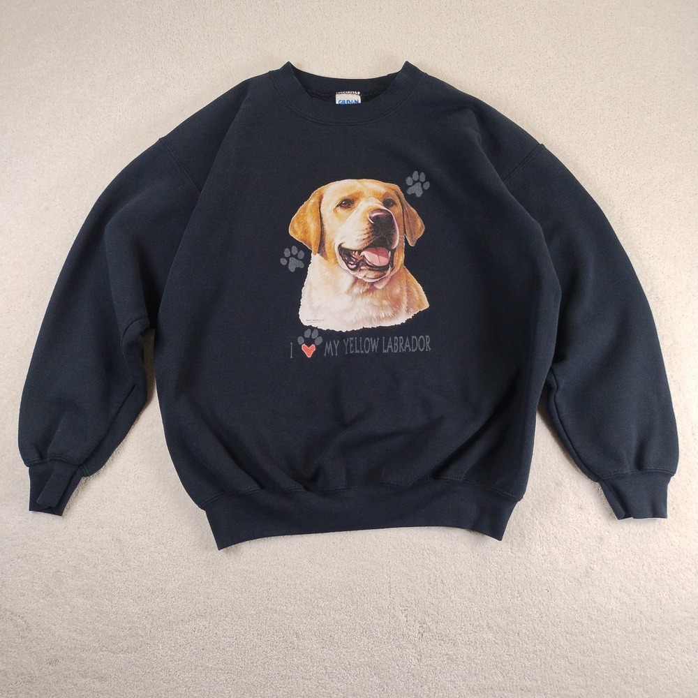 VTG 00's Gildan Pullover‎ Sweatshirt Men's Med Black I ❤️My Yellow Labrador Dog